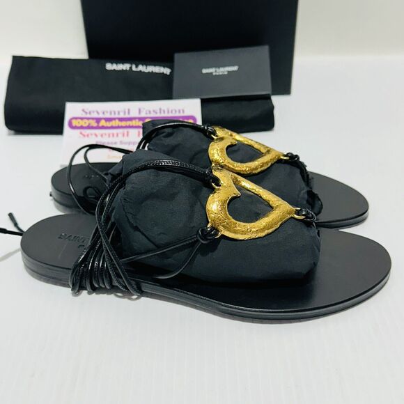 Saint Laurent Love Gold Heart EU 37 US 7 Gladiator Sandals Black Leather NIB - Picture 5 of 9